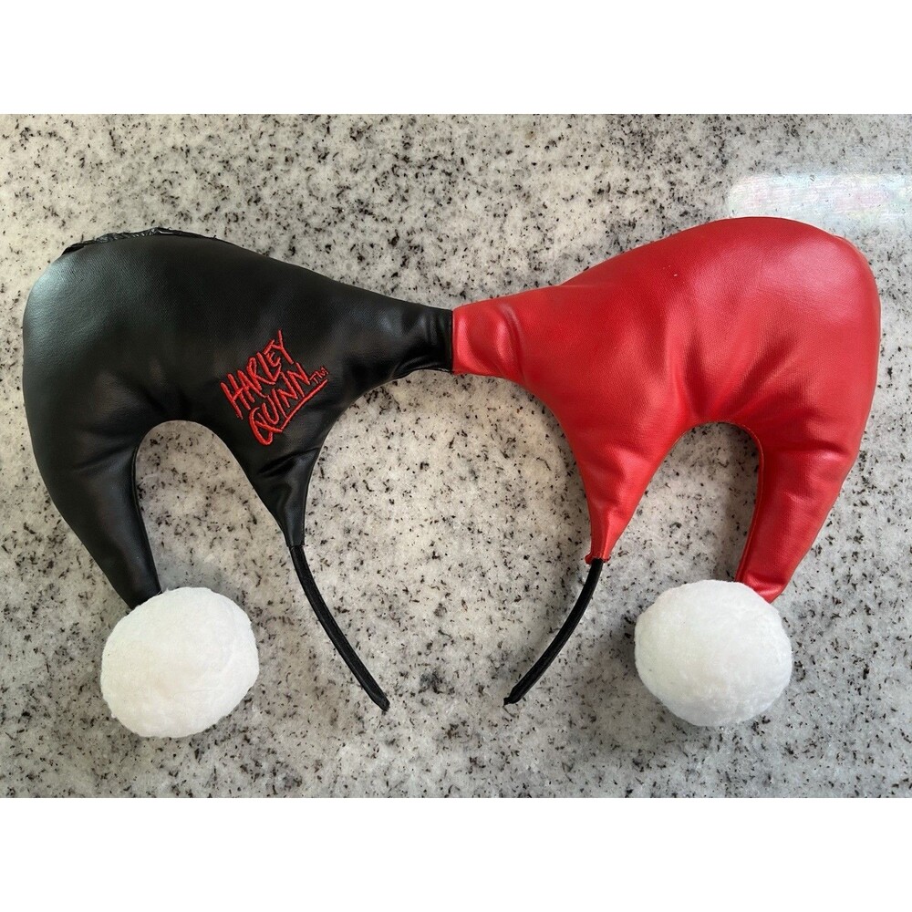 Harley Quinn Jester Hat Headband Red Black White Pom Poms DC Comics Costume